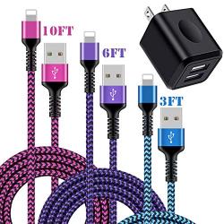 iPhone Chargers [4Pack], USB Wall Plug with Braided Phone Cords for iPhone SE/11 Pro Max/XS Max/XR/10/8 Plus/7/6S, iPad Pro, Mini, iPod Touch, Fast Charging Multi Color Long Cable & Black Charge Block