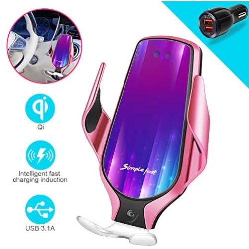Smart Sensor Wireless Car Charger Mount, Automatic Clamping QC/QI 10W Fast Charging Car Charger Holder Compatible with iPhone 11/Xs/Xs Max/XR/X /8,Samsung Galaxy Note 9/ S9/ S9+/ S8 etc(Pink)