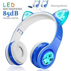 WOICE Wireless Bluetooth Kids Headphones, LED Flashing Lights, Music Sharing Function, 85db Volume Limited, Over-Ear and Build-in Mic Wireless/Wired Children Headphones for Boys Girls (Blue)