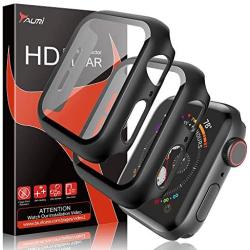 Tauri 2 Pack Case Built-in Tempered Glass Screen Protector for Apple Watch 44mm Series 5/Series 4, iWatch 44mm Glass Screen Protector Cover, Matte Hard Bumper, Full Protection - Black