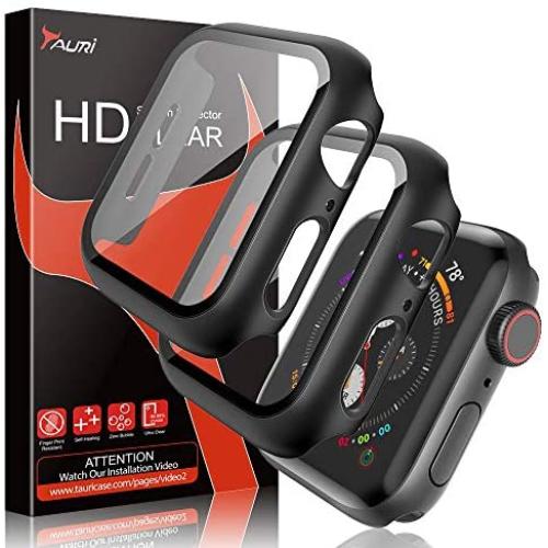 Tauri 2 Pack Case Built-in Tempered Glass Screen Protector for Apple Watch 44mm Series 5/Series 4, iWatch 44mm Glass Screen Protector Cover, Matte Hard Bumper, Full Protection - Black
