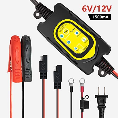 6V/12V Battery Charger 1.5A Trickle Charger and Auto Battery Maintainer Smart Float Charger for Car Motorcycle Boat Lawn Mower Tractor RV SLA ATV AGM GEL Lead Acid Batteries (Yellow)