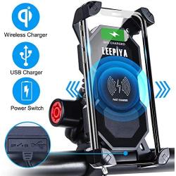 Leepiya Motorcycle Phone Mount with Wireless and USB Charger 10W Qi Fast Charging Cell Phone Holder for Motorcycle ATV Boat Snowmobile Compatible with iPhone 11 Xs MAX XR X 8 8P Samsung S10 S9 S8