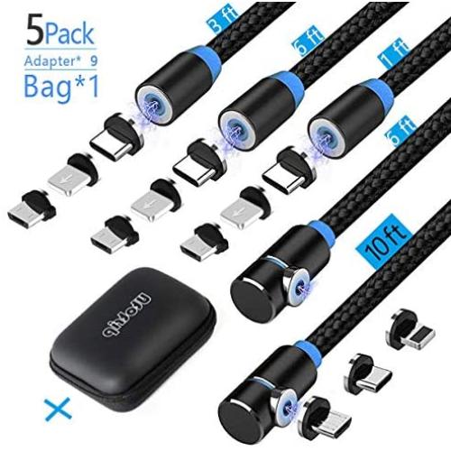 Utotrip Magnetic Charging Cable,(5-Pack,1ft/3ft/6ft/6ft/10ft) Magnetic Phone Charger,3-in-1 USB Magnetic Cable Compatible Micro USB,Type C and iProducts(Black,Gen 1)
