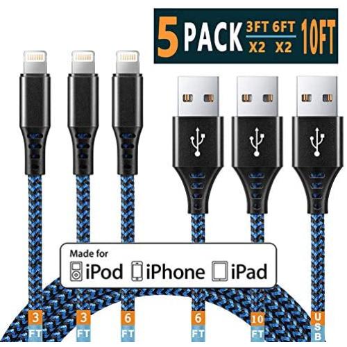 Lightning Cable iPhone Charger Cable Apple MFi Certified iPhone 11 Pro Xs MAX XR X 8 7 6s 6 5E Plus ipad car Charging Cable Cord Fast Long USB 3ft 6ft 10ft to 5pack Accessories Chargers