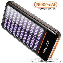 Solar Power Bank 25000mAh Portable Charger Battery High Capacity with Digital Display LCD Screen, 3 USB Output & 2 Input, Compatible Smartphone, Tablet and More