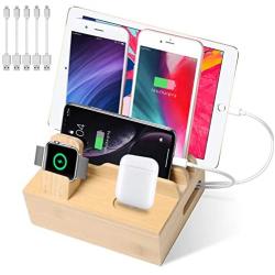 Bamboo Charging Station for Multiple Devices, USB Charging Station Dock, Fast Desk Wood Charging Docking Station for Universal Cell Phone, Tablet, Apple Watch, Airpods(5 Pack Cables Included)