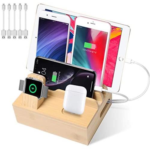 Bamboo Charging Station for Multiple Devices, USB Charging Station Dock, Fast Desk Wood Charging Docking Station for Universal Cell Phone, Tablet, Apple Watch, Airpods(5 Pack Cables Included)