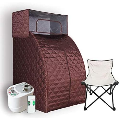 Smartmak Steam Sauna Set, 2L Steamer with Remote Control, Home Full Body One Person Heat Box with Head Cover and Chair kit for Weight Loss &Detox Therapy- Brown