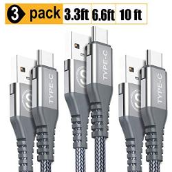 USB Type C Cable 3.1A Fast Charging,Sweguard 3-Pack (10ft+6.6ft+3.3ft) USB-A to USB-C Charger Cable,Nylon Braided Cord for Samsung Galaxy S10 S10E S9 S8 Plus Note 10 9 8,LG G8 G7 V40 V30,Moto Z(Grey)