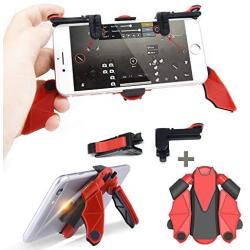 Adjustable Portable Mobile Gamepad and Game Triggers, 3 in 1 Multi-Function Mobile Phone Holder, Car Phone Stand for Android iOS Compatible with Phone (Holder and Triggers, Red and Black)