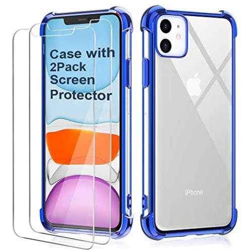BELONGME Compatible with iPhone 11 Case 2019,Tempered Glass Screen Protector [2Pack] with Shockproof Crystal Clear Case for iPhone 11 6.1 inch.