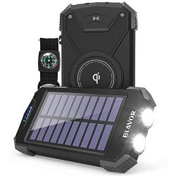 Solar Power Bank, Qi Portable Charger 10,000mAh External Battery Pack Type C Input Port Dual Flashlight, Compass, Solar Panel Charging(Black)