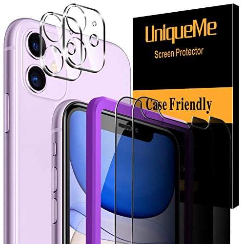[ 4 Pack ] UniqueMe 2 Pack Privacy Screen Protector + 2 Pack Camera Lens Protector Tempered Glass for iPhone 11 (6.1 inch),[Case Friendly] [Alignment Frame Easy Installation] HD Clear Anti-Scratch Film