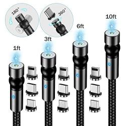 TOPK Magnetic Charging Cable,(4-Pack,1ft/3ft/6ft/10ft) 540 Degree Magnetic Phone Charger,3-in-1 USB Magnetic Cable Compatible with Micro USB,Type C and iProducts(Black,Gen1)