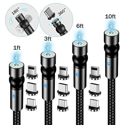TOPK Magnetic Charging Cable,(4-Pack,1ft/3ft/6ft/10ft) 540 Degree Magnetic Phone Charger,3-in-1 USB Magnetic Cable Compatible with Micro USB,Type C and iProducts(Black,Gen1)