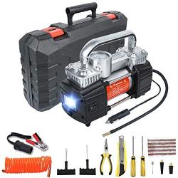 GSPSCN Portable Air Compressor Pump Dual Cylinder Heavy Duty Tire Inflator with LED Light,150 PSI 12V Air Pump with Tire Repair Kit and Toolbox for Auto,SUV,Truck Tires etc