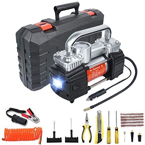 GSPSCN Portable Air Compressor Pump Dual Cylinder Heavy Duty Tire Inflator with LED Light,150 PSI 12V Air Pump with Tire Repair Kit and Toolbox for Auto,SUV,Truck Tires etc