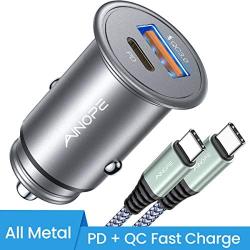 USB C Car Charger Super Mini AINOPE All Metal 36W Fast USB Car Charger PD&QC 3.0 Dual Port Car Adapter Fit Compatible with iPhone 11/11 Pro/Max/XS, Samsung Note 10/S10, Google Pixel 3/2/XL-Silver