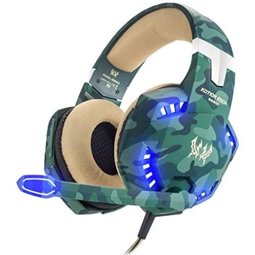BIBOX G2600 Stereo Gaming Headset, Camouflage Comfortable Over Ear Headphones 3.5mm Jacks with Noise Cancelling Mic ＆ LED Light for PC/Laptop/PS4/Xbox One with 2 to 1 Adapter Cable