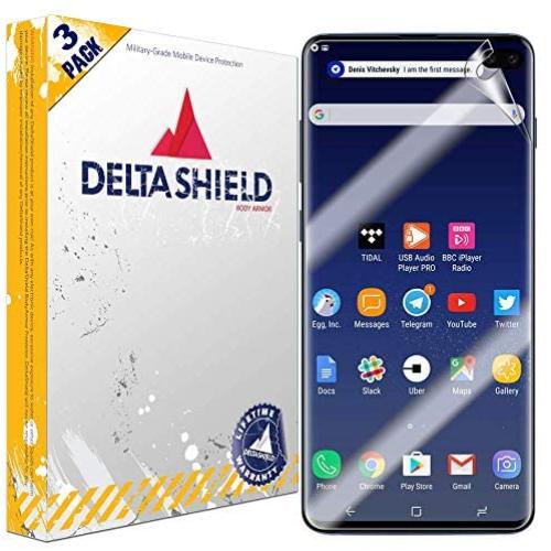 DeltaShield Screen Protector for Samsung Galaxy S10 Plus (S10+ 6.4 inch) (3-Pack) (Case Friendly B) BodyArmor Anti-Bubble Military-Grade Clear TPU Film
