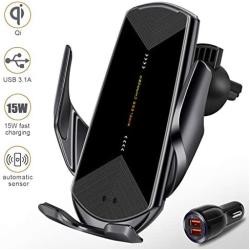 Wireless Car Charger 15W Fast Charging Touch Sensing Auto-Clamping Car Wireless Charger Air Vent Clip Car Phone Mount for iPhone SE/11/11 Pro Series/X/XR/8, Samsung Galaxy S20 S10 Note10/9 (Q1-Black)