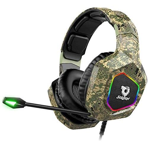 Soulion Tracer 25 Gaming Headset for PS4 Xbox One PC, Stereo Surround Sound Gaming Headphones with Noise Cancelling Microphone, RGB Lights for Computer Laptop NS Mobile