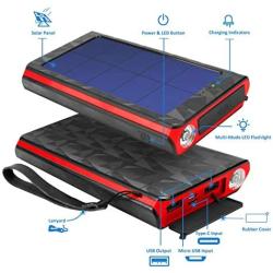 Solar Power Bank, 20000mAh Solar Charger with Quick Charge Type C 3A and Micro 2.4A Input,Portable Charger with Dual 2.4A Outputs and 3 Modes of LED Flashlight,Suitable for Smartphones and More