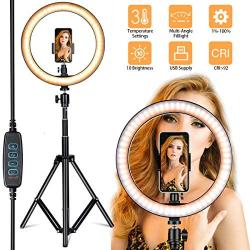 Villsure LED Ring Light, 10" Selfie Ring Light with Adjustable Tripod Stand and Phone Holder, Dimmable Led Camera Ringlight for Live Stream/Make Up/YouTube, Compatible with iPhone/Android