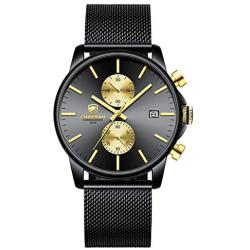 GOLDEN HOUR Mens Watches Fashion Sport Quartz Analog Black Mesh Stainless Steel Waterproof Chronograph Wrist Watch, Auto Date in Blue/Red/Gold Hands