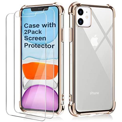 BELONGME Compatible with iPhone 11 Case 2019,Tempered Glass Screen Protector [2Pack] with Shockproof Crystal Clear Case for iPhone 11 6.1 inch.