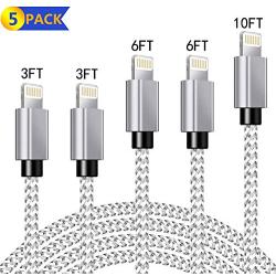 Lightning Cable, Apple MFi Certified iPhone Charger 5-Pack 3/3/6/6/10FT Durable Nylon Braided Fast Charging Cord Compatible with iPhone 11 Xs Max X XR 8 7 6s 6 Plus SE 5 5s 5c, iPad, iPod