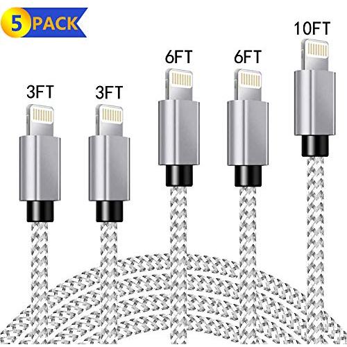 Lightning Cable, Apple MFi Certified iPhone Charger 5-Pack 3/3/6/6/10FT Durable Nylon Braided Fast Charging Cord Compatible with iPhone 11 Xs Max X XR 8 7 6s 6 Plus SE 5 5s 5c, iPad, iPod