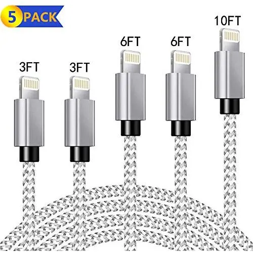 Lightning Cable, Apple MFi Certified iPhone Charger 5-Pack 3/3/6/6/10FT Durable Nylon Braided Fast Charging Cord Compatible with iPhone 11 Xs Max X XR 8 7 6s 6 Plus SE 5 5s 5c, iPad, iPod Lightning Cable, Apple MFi Certified iPhone Charger 5-Pack 3/3/6/6/10FT Durable Nylon Braided Fast Charging Cord Compatible with iPhone 11 Xs Max X XR 8 7 6s 6 Plus SE 5 5s 5c, iPad, iPod