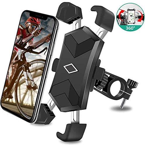 Bike Phone Mount, One-Second Lock Bicycle Phone Holder with 4 Stainless Steel Telescopic Clamp Arms for Super Stability 360° Rotation Anti Shake Motorcycle Phone Mount for iPhone Android 4.5-7.2 inch