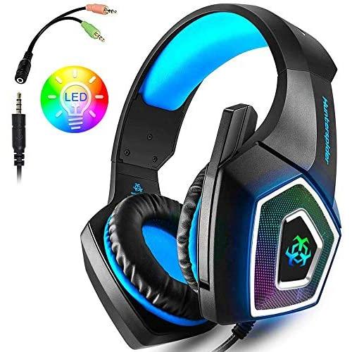 Gaming Headset for PS4, Xbox One, Over-Ear Headhones with Stereo Sound LED Light Mic (Blue)