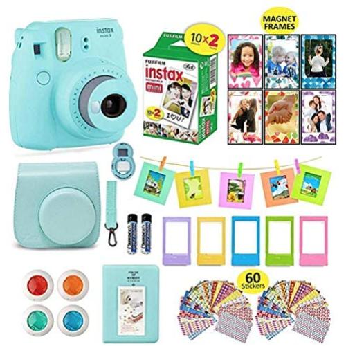 Fujifilm Instax Mini 9 Camera Bundle (Ice Blue) + Instant Camera Film 20 Sheets + Instax Case + Instax Camera Accessories Bundle, 1 Albums, 4 Color Lenses, Selfie Lens, 5 Desk Frames + 60 Stickers