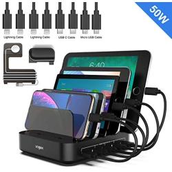 Charging Station, Vogek 5-Port 50W 10A USB Charging Station with 8 Short Mixed Cables Included Watch & Airpod Stand for Cell Phones, Smart Phones, Tablets, iWatch, Airpods Multiple Device-Black