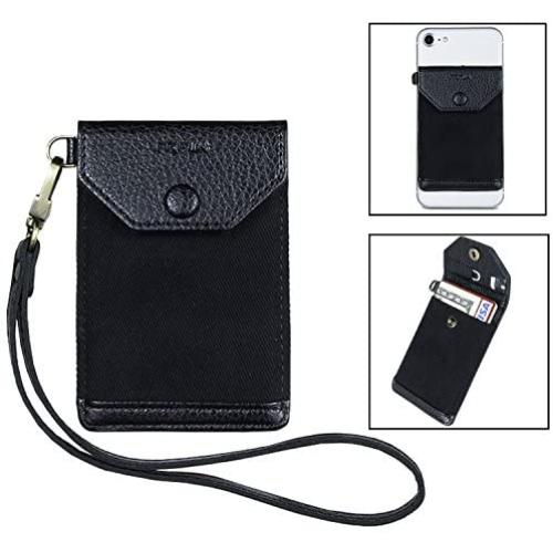 FRIFUN Stick on Phone Wallet, Ultra-Slim Self Adhesive Card Holder Credit Card Wallet for Smartphones Sleeve Extra Tall Pocket Totally Covers Credit Cards & Cash (Black Plus)
