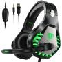 BUTFULAKE Stereo Gaming Headset for PS4 Xbox One Nintendo Switch, Noise Cancelling 3.5mm Wired Adjustable Over-Ear with Mic, Volume Control and LED Lights for Laptop PC Mac iPad Smartphones (Green)