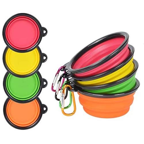 PetBonus 4-Pack Silicone Collapsible Dog Bowls, BPA Free and Dishwasher Safe, Portable and Foldable Travel Bowls-with 4-Color Carabiners Per Set