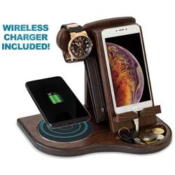 TESLYAR Wood Phone Docking Station with Wireless Charger Included Ash Wallet Stand Watch Organizer Mens Gift Charging Dock Holder Anniversary Dad Birthday Nightstand Compatible Any Phone Charging