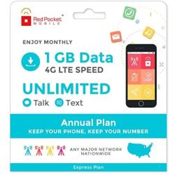 Red Pocket Mobile Express 360 Day Prepaid Phone Plan, No Contract, Free SIM Kit; Unlimited Talk, Unlimited Text & 1 GB of LTE Data - Only $17/Month