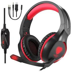 Butfulake Gaming Headset for Xbox One PS4 PlayStation 4 Nintendo Switch PC Smartphone, 3.5mm Stereo Gaming Sound Over-Ear Headphones Noise Cancelling with Mic and LED Light, Red