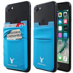 Monca [Double Secure] Cell Phone Credit Card Holder Stick on Wallet Cash Metro Card ID Holder Lycra Spandex Card Sleeves [Lid & Pocket] (Blue)