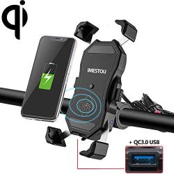 iMESTOU Motorcycle Wireless Qi/USB Phone Charger Holder Handlebar/Rear-view Mirror Cellphone Mount with Waterproof Switch 10A Fuse Fast Charging for iPhone Samsung 3.5-6.5 inch Cellphones