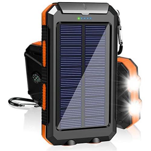 Solar Charger 20000mAh Portable Outdoor Waterproof Solar Power Bank, Camping External Backup Battery Pack Dual 5V USB Ports Output, 2 Led Light Flashlight with Compass (Orange)