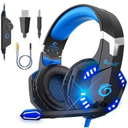 VersionTECH. G2000 Pro Gaming Headset PS4 Xbox One Wired Headphones with 3D Surround Sound, HD Microphone, Volume Control, LED Lights, Compatible with Playstation 4, Xbox 1, NS, PC Mac Computer (Blue)