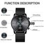 GOLDEN HOUR Mens Watches Fashion Sport Quartz Analog Black Mesh Stainless Steel Waterproof Chronograph Wrist Watch, Auto Date in Blue/Red/Gold Hands