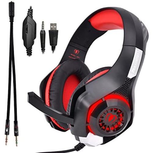 Beexcellent GM-1 Over-Ear Wired 3.5mm Pro Gaming Headset Surround Sound Gaming Headphone with LED Effect and Microphone for PC, Laptop, Tablet, PS4, Xbox, Cell Phone (Red)